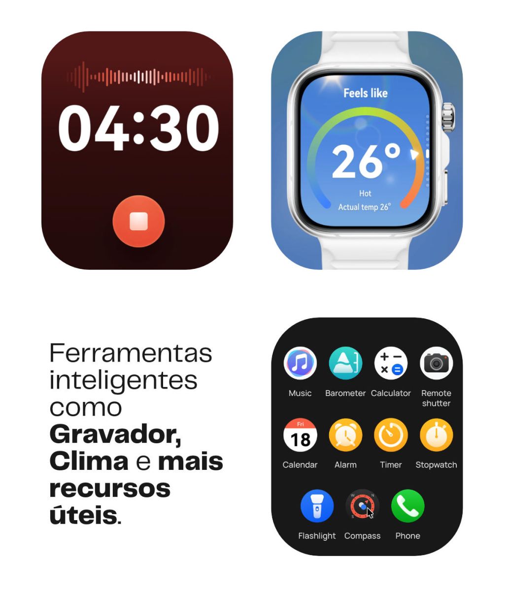 HUAWEI WATCH FIT 5 Pro – ferramentas inteligentes como Gravador e Clima