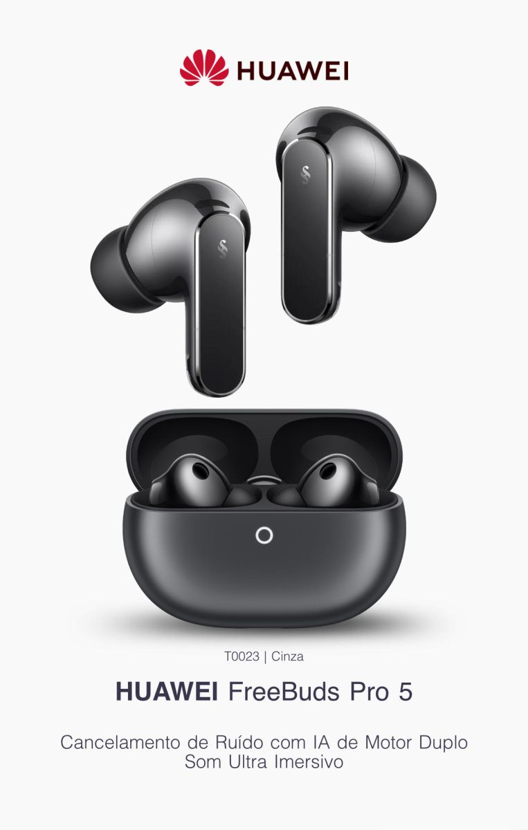 Fone de Ouvido Huawei FreeBuds Pro 5 com Cancelamento de Ruído e Tradução por IA – Cinza