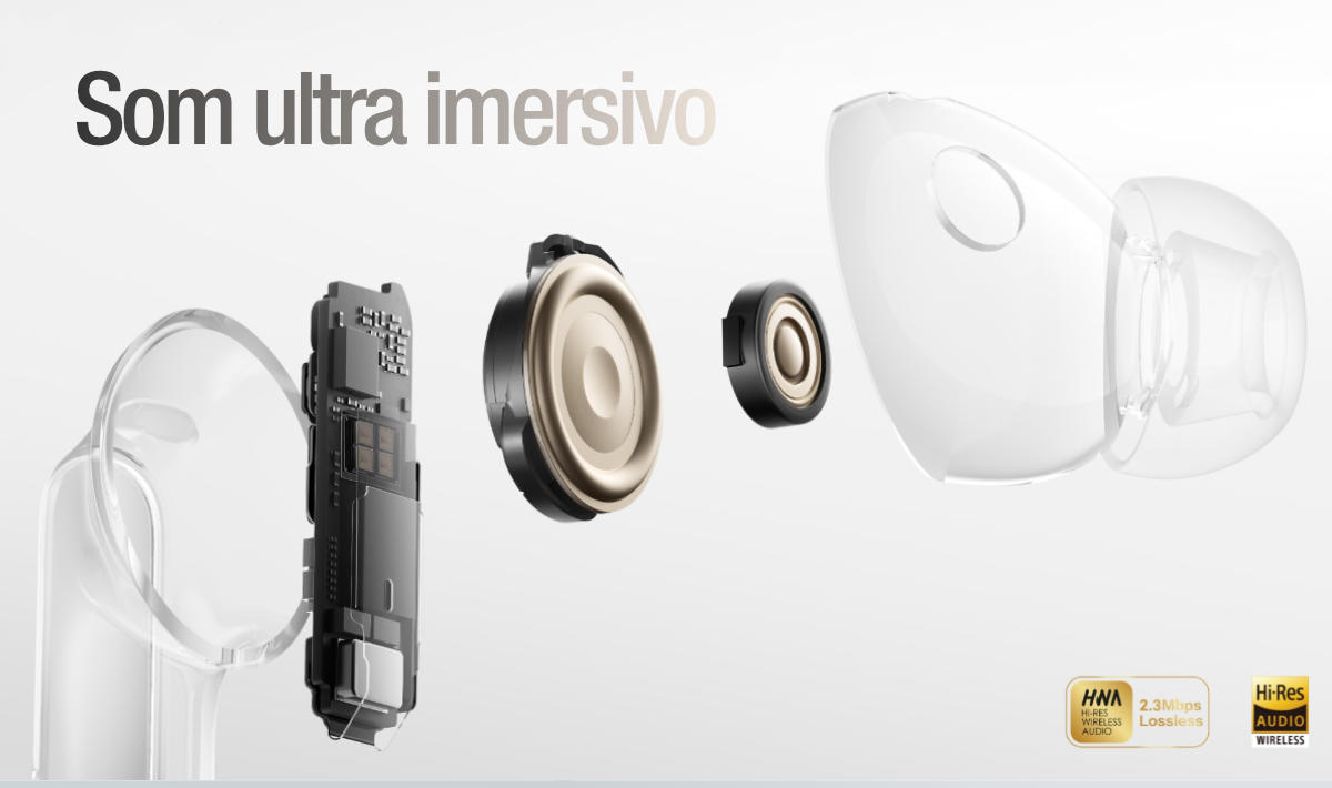 Huawei FreeBuds Pro 5 – som ultra imersivo com drivers duplos, Hi-Res Audio e transmissão sem perdas de 2,3 Mbps