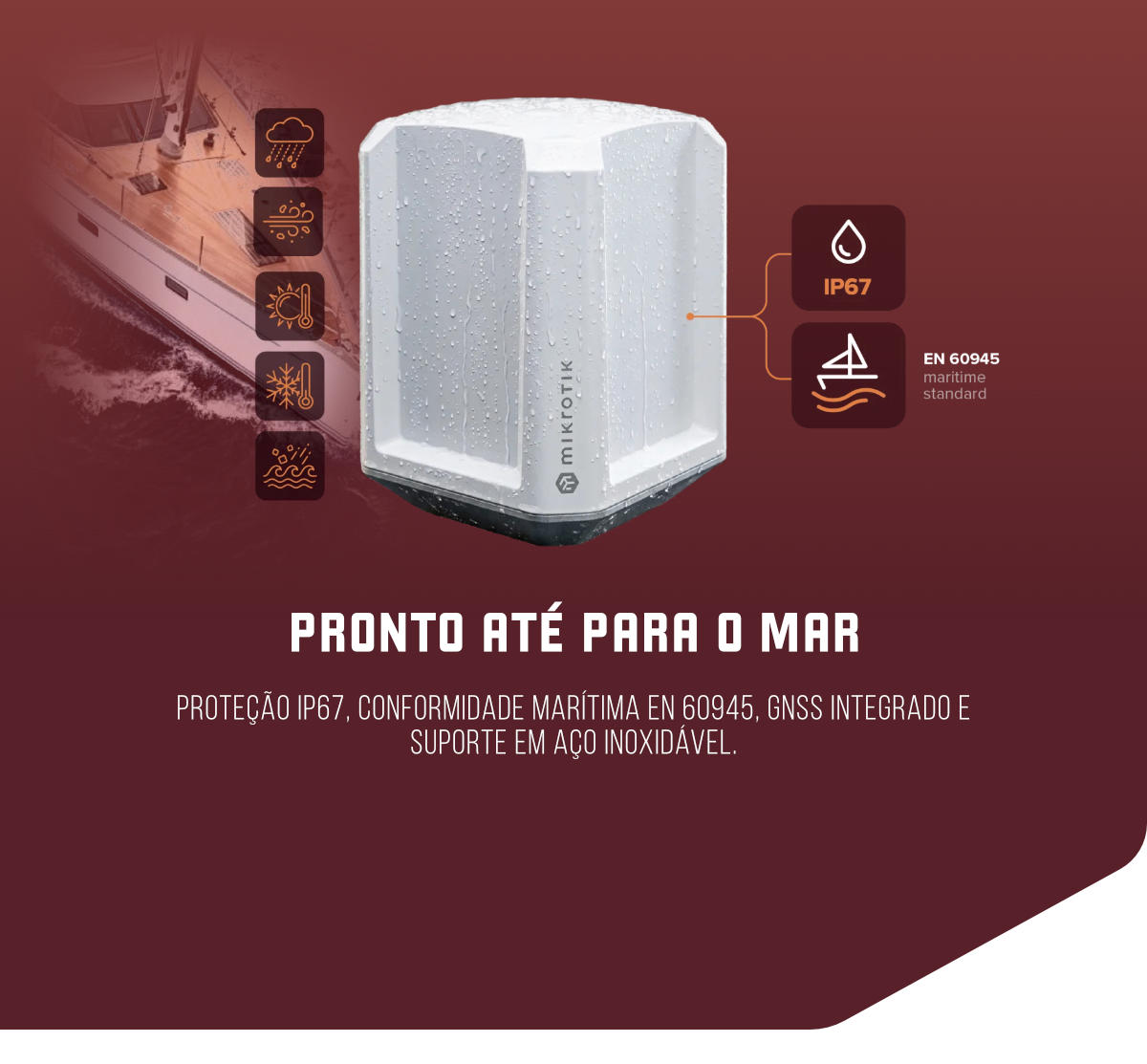 MikroTik LAMP 5G R16 – proteção IP67 e conformidade marítima EN 60945
