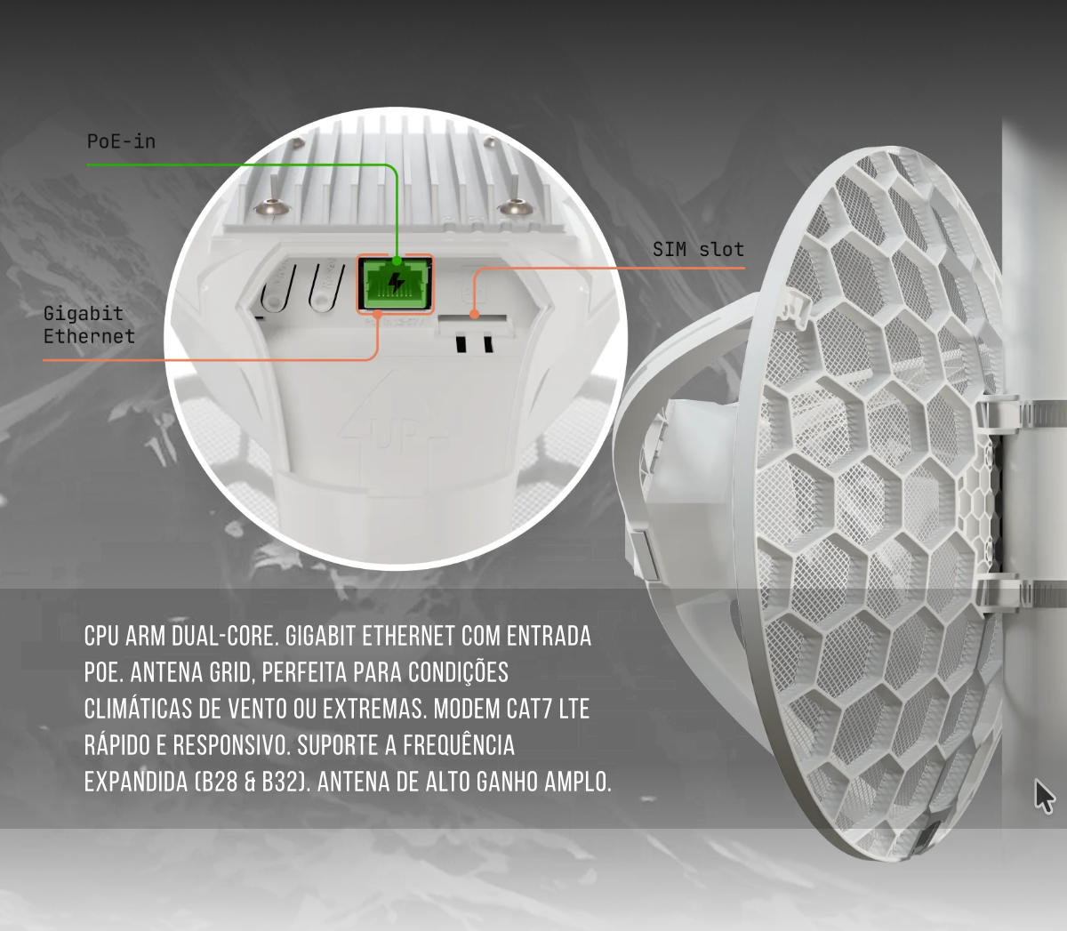 MikroTik LHGG LTE7 kit – detalhe da porta Gigabit Ethernet com PoE-in e do slot SIM
