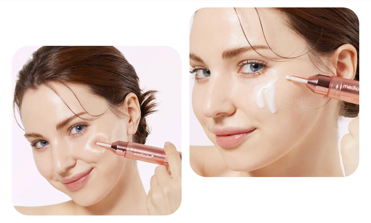 Medicube Collagen Glow Booster Serum – aplicação do sérum no rosto com o aplicador em formato de caneta