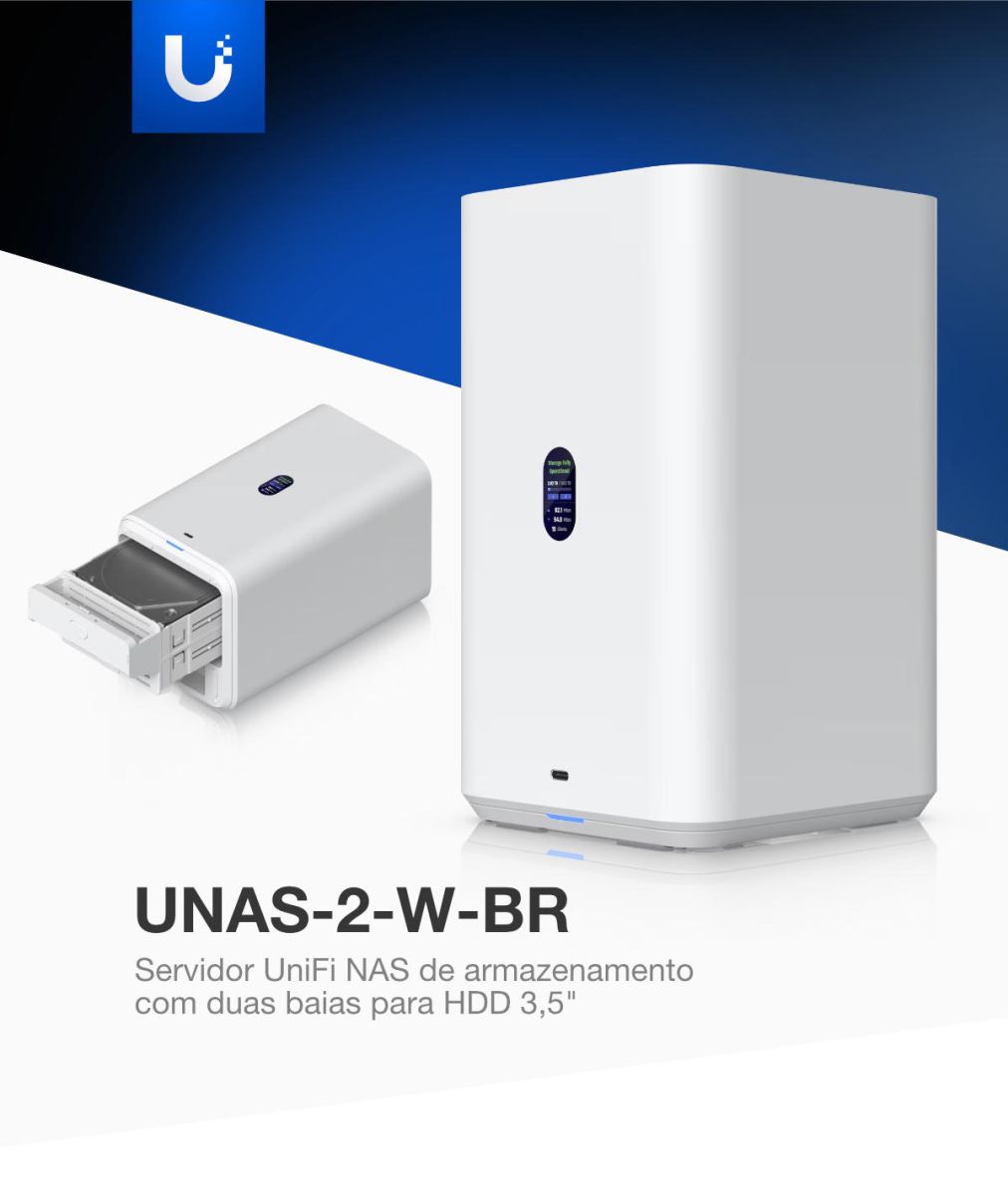 Servidor de Armazenamento NAS Ubiquiti UniFi UNAS-2-W-BR com 2 Baias para HDD de 3,5" e Rede 2.5 GbE