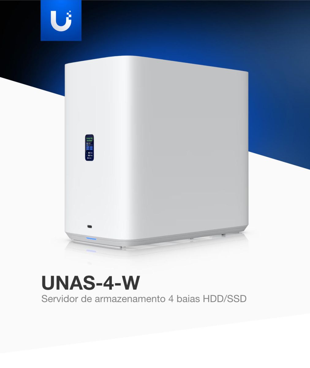 Servidor de Armazenamento NAS Ubiquiti UniFi UNAS-4-W com 4 Baias para HDD/SSD e Rede 2.5 GbE